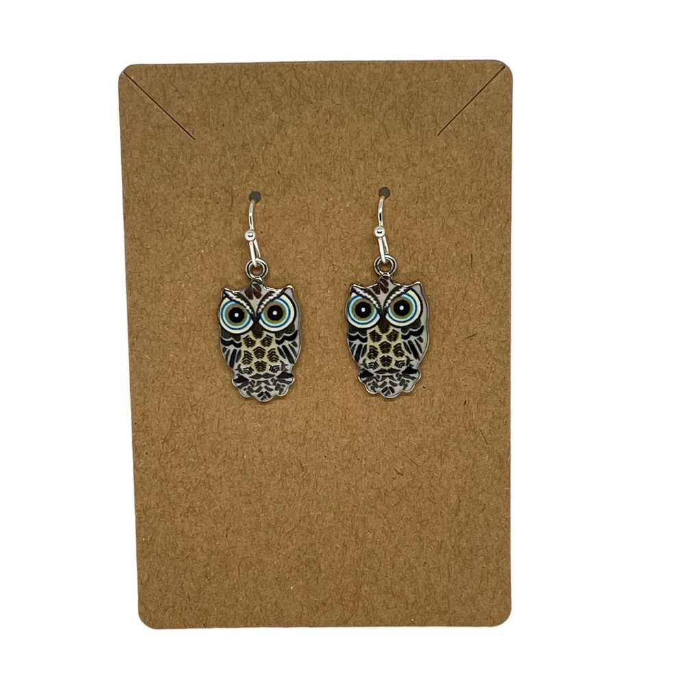 Owl Earrings Gray with Blue Eyes Dangle Resin - Hypoallergenic